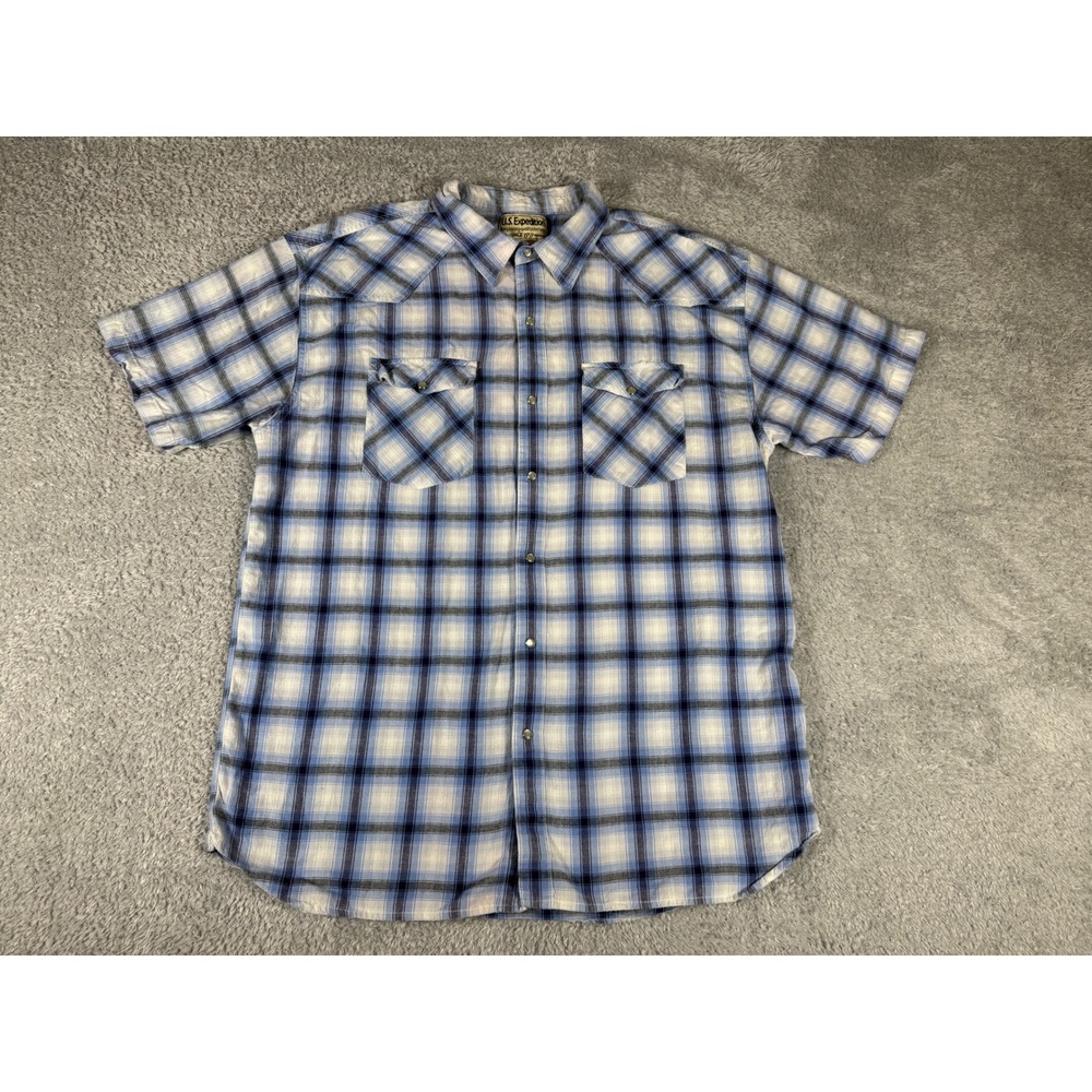 U.S. Expedition Western Pearl‎ Snap Shirt Mens XL Blue Plaid Cotton Short Sleeve